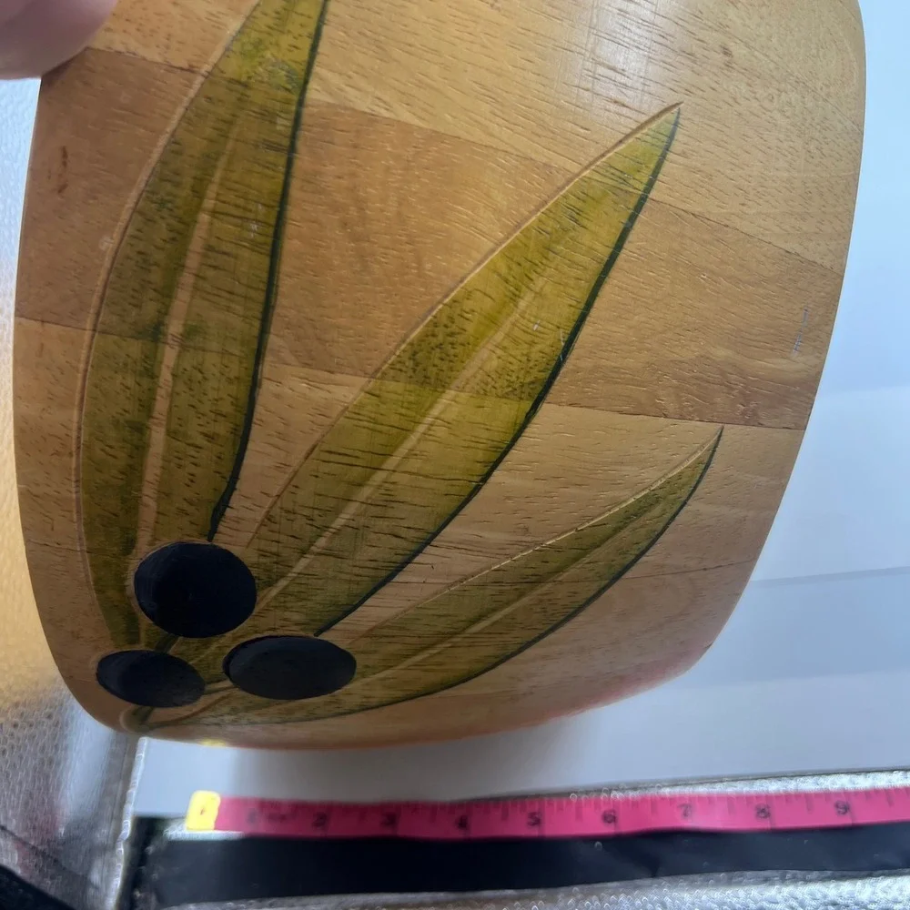 Vintage 2002 Clay Art Handmade Thai Wood Bowl Painted Olive Branch 10 Inch
